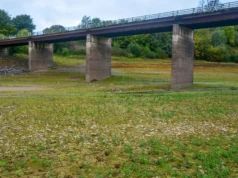 Comment un pays pluvieux vient à manquer d’eau A concrete road bridge on tall pillars standing over a dry, grassy and stony reservoir bed, with trees behind.