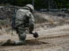 Finlandia destruyó un millón de minas terrestres. ¿Por qué quiere recuperarlas? A soldier kneels on a sandy forest track, burying a mine with a small shovel