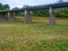 Como falta água num país chuvoso A concrete road bridge on tall pillars standing over a dry, grassy and stony reservoir bed, with trees behind.
